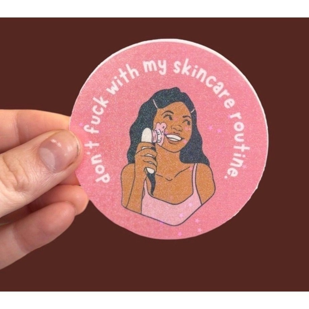 Don't Mess With My Skincare Routine Pink Glitter Round Sticker Decal Humor